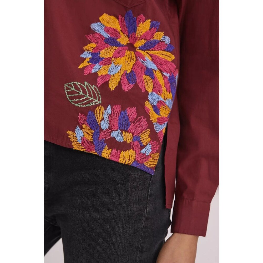Anthropologie Maeve Embroidered Button Down Size 0 Cotton Floral Boho Purple - Picture 10 of 15